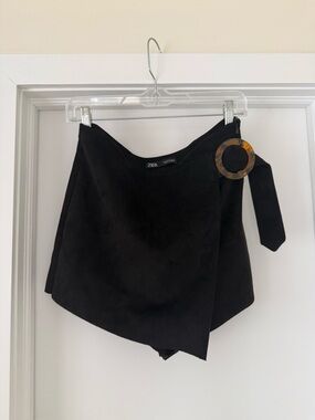 Zara Black Asymmetrical Wrap Mini Skirt with Tortoiseshell Buckle